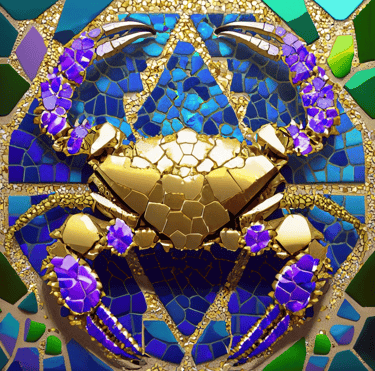 Astrology Cancer Mosaic, shades of purple green gold and blue. 