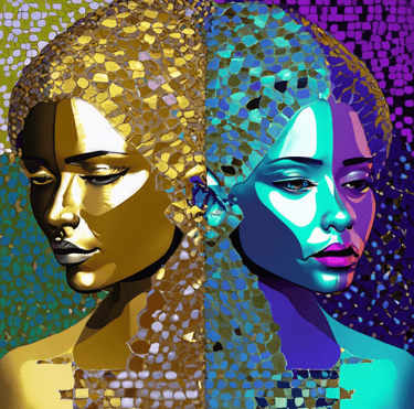 Astrology Gemini Mosaic, shades of purple green gold and blue. 