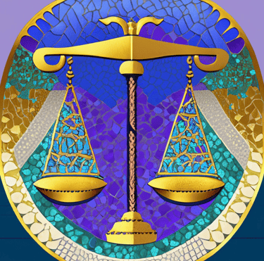 Astrology Libra Mosaic, shades of purple green gold and blue. 