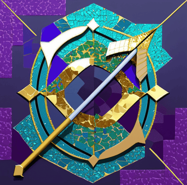 Astrology Sagittarius Mosaic, shades of purple green gold and blue. 