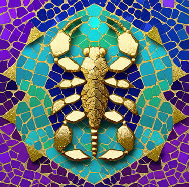 Astrology Scorpio Mosaic, shades of purple green gold and blue. 
