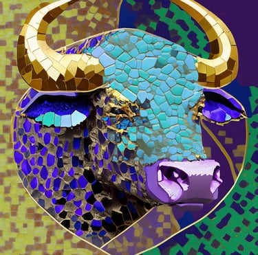 Astrology Taurus Mosaic, shades of purple green gold and blue. 