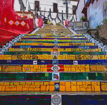 a staircase case with colorful painted steps leading up to a stairway, Selaròn, Rio de Janeiro