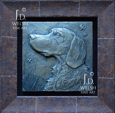 Brittany and Rising Quail - Brittany Spaniel Portrait - Bronze Relief Sculpture - Jeremiah D Welsh