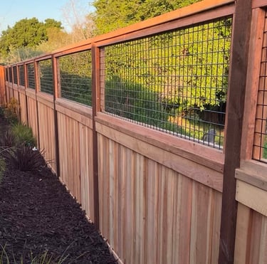 Wood fencing with mesh top panel.
