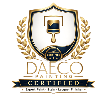 Daeco Painting certified expert logo featuring a gold shield, paint brush icon, and laurel wreath on black background.