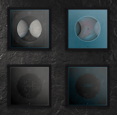 Conjunto de 4 cuadros representando diseños basados en cuerpos celestes.