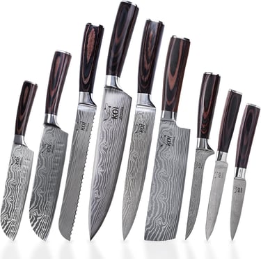 a group of knives and knives in a row
