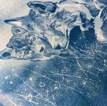 Handmade Cyanotype Print of a Mother Fox and her kit