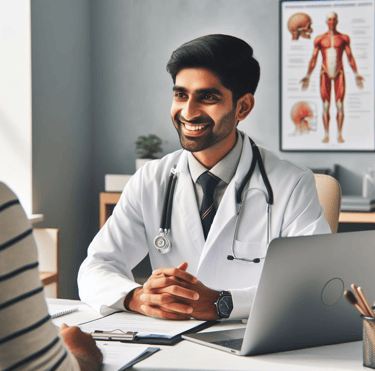 a male doctor smiling in a white lab coat and a male patient