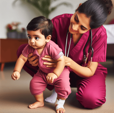 a Female Physiotherapist in scrubs and a stethoscope interacting with a baby