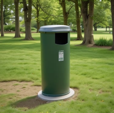 A Dalmatian dog is urinating against a metal trash can with graffiti on it in a grassy park area. The background shows patches of dirt and grass.