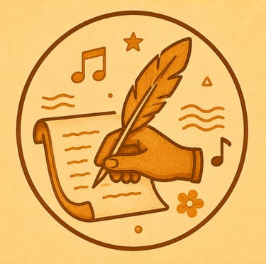 Vintage-style illustration of a hand writing on parchment with a quill pen surrounded by music notes.