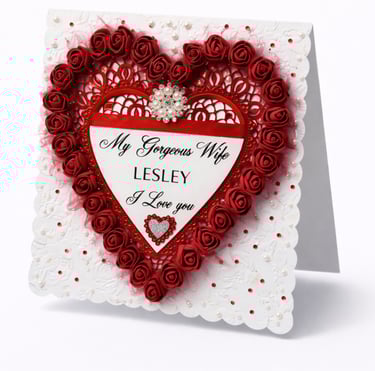 Elegant handmade Valentine's Day card for Lesley featuring red roses and a pearl heart design.