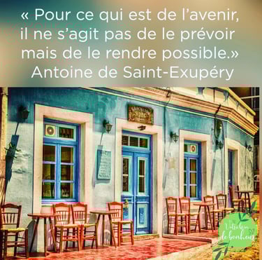 a restaurant with a blue door and a quote about the french language