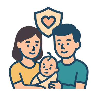 cliente life planner Prudential de seguro de vida | a family with a baby in a heart shaped shield