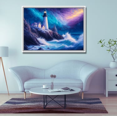 a living room with a couch and a wall art of a lighthouse that is very colourful and textured