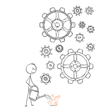 Stickman arrosant des clés qui ouvrent les rouages de son problème