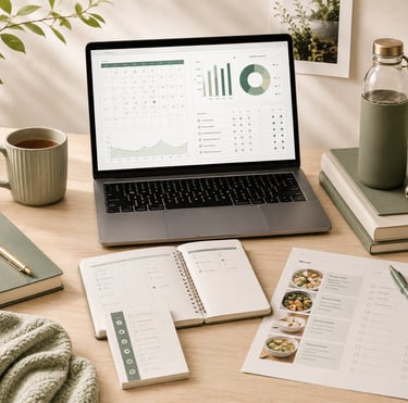 Laptop showing a habit and life planning dashboard with wellness tools, meal planner, checklist, not