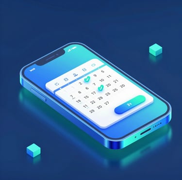 Sleek 3D render of a glowing digital smartphone interface showing a calendar booking confirmation, vibrant neon blue and teal ambient lighting, glassmorphism, clean geometric tech elements, isometric angle