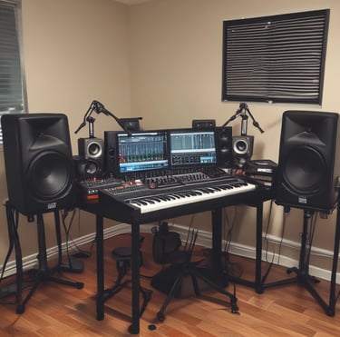 Close-up of mixing console knobs glowing under soft studio lighting