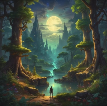 A vivid fantasy landscape with glowing castles under a starry sky.