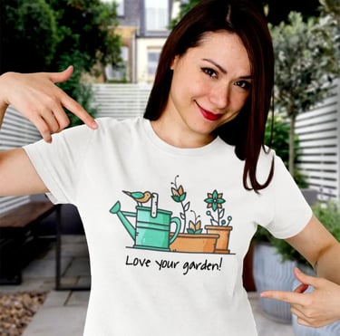 Smiling woman wearing a white gardening trendy t-shirt with a watering can and flower illustration.