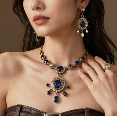 Elegant woman wearing a vintage gold statement necklace and earrings set with sapphire blue crystals.