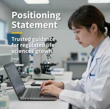 A confident consultant discussing growth strategies with a life sciences team in a bright, modern office.