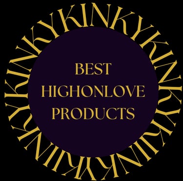 Letters KINKY surrounding a purple circle. Title inside the circle: Best HIGHONLOVE Products.