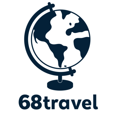 68travel company logo featuring a dark blue world globe icon and minimalist text.