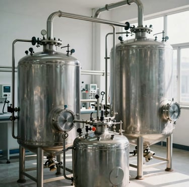 Wide environmental shot of an industrial passivation station: stainless steel tanks and piping in a clinical white facility, cool north-facing daylight, no people, overhead angle emphasizing the geometry of the equipment