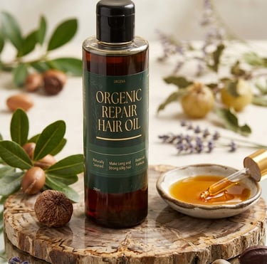Orgena Organic Repair Hair Oil bottle with argan nuts, lavender, and a dropper for natural hair care treatment.
