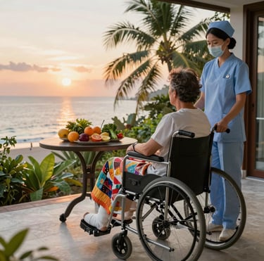 A nurse assisting a senior in a wheelchair overlooking a tropical sunset beach view with healthy fruit.