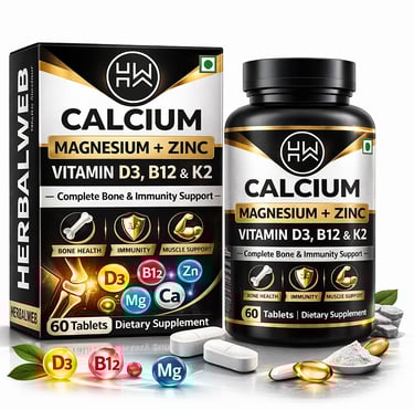 Herbalweb Calcium Magnesium Zinc supplement bottle with Vitamin D3, B12, and K2 for bone health.