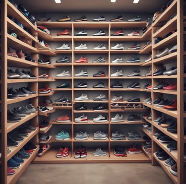 A vibrant display of new shoes and clothing neatly arranged in a retail setting.