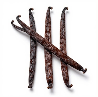 Close-up of glossy, dark vanilla beans arranged on rustic wooden surface.