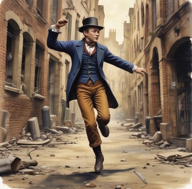 A lively, colorful quick sketch of a city street scene with expressive lines