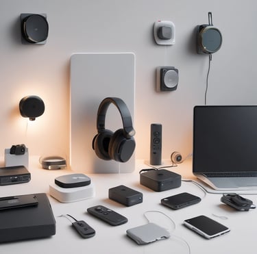 Stylish retail display featuring high-end electronics with subtle cyan accent lighting