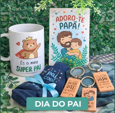 Father's Day gift set including a personalized mug, wooden keychains, and socks with Portuguese messages.
