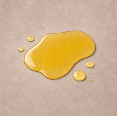Golden oil puddle and droplets on a neutral beige textured surface.