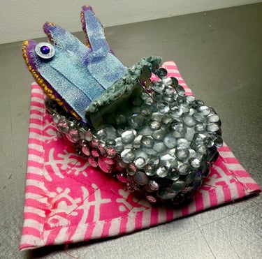 tinned fish sculpture purple/blue shiny fish in silver rhinestone covered tin