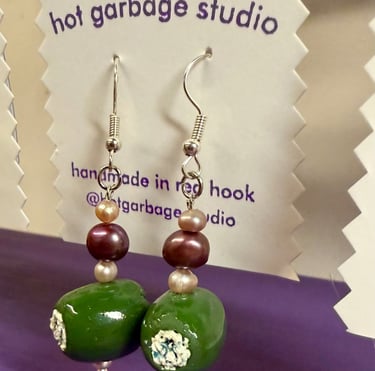 Gold hook dangle earrings with polymer clay blue cheese-stuffed olives and purple pearl beads