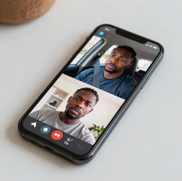 Close-up of a sleek smartphone displaying the Vigilia live call interface with four video panels.