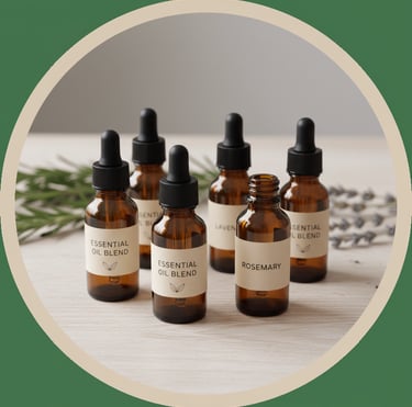 Circular image showing small amber glass dropper bottles of essential oils on a table.