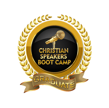 Golden Christian Speakers Boot Camp Graduate seal with a microphone and laurel wreath.