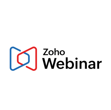 Official Zoho Webinar logo featuring blue and red interlocking geometric shapes and black typography.