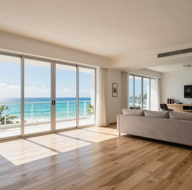 Interior wide shot of a bright modern condominium living room in Puerto Plata — floor-to-ceiling windows flooding the room with Caribbean daylight, white walls, light wood floors, glimpse of turquoise sea through sliding glass doors