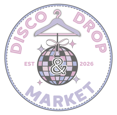 Disco Drop Market logo featuring a pastel disco ball hanging from a clothes hanger with retro typography.