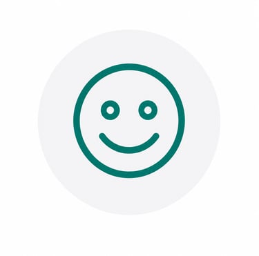 A teal green smiley face icon on a white circle background representing customer satisfaction.